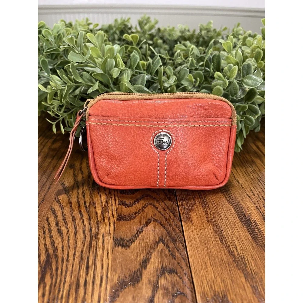 Vintage Fossil Orange Leather Zip Coin ID Mini Pouch Purse Wallet